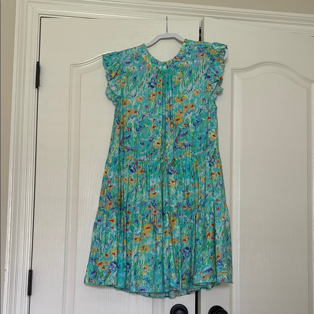 THML Blue and Green Tiered Sundress with Flutter Sleeves